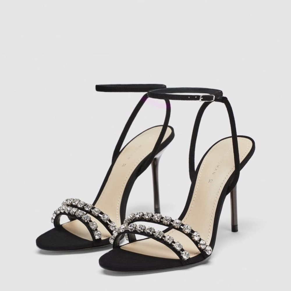 ZARA JEWELLED LEATHER BLACK SANDALS HEELS BRAND NEW WITH TAGS US 7.5 EUR 38